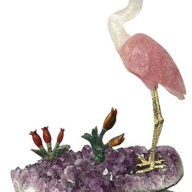 Rock Crystal &amp; Rose Quartz Bird Sculpture with Amethyst Stand