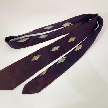 Vintage Maroon Skinny Necktie Purple Diamonds 1960s 60s Menswear Tie Suit Father's Day Retro 