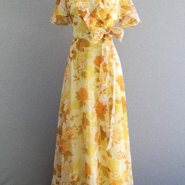 1960-70s - Yellow - Floral - Ruffled Organza - Halter with Shrug  - Estimated size S 