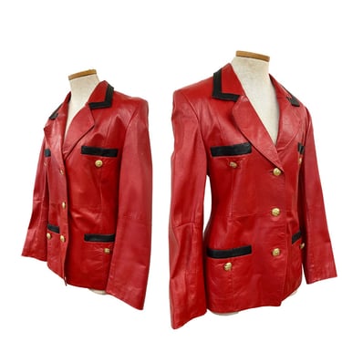 Vtg Vintage 1980s 80s Glam Nautical Designer Red Leather Boss Babe Blazer Coat 