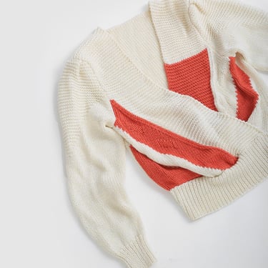 Vintage 80s white + orange deep V knit sweater 