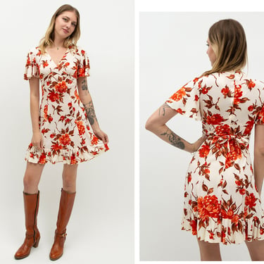 Vintage 1970s 70s Spring Floral Rose Wrap Around Mini Dress w/ Flutter Sleeves, Ruffled Hem Cute Summer Dress 
