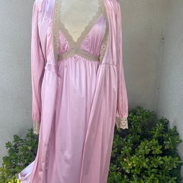 Vintage peignoir lingerie set robe gown rose pink nylon tan lace by Miss Elaine size S/XS 