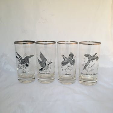 Set of 4 Mid Century Modern Game Birds Sportsman Silver Rim Highball Cocktail 14 OZ Drinking Glasses / Tumblers, Waterfowl Mallard Grouse 