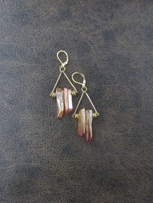 Raw quartz crystal earrings, rustic boho chic earrings, unique geode natural bohemian mid century modern brutalist artisan, gold 