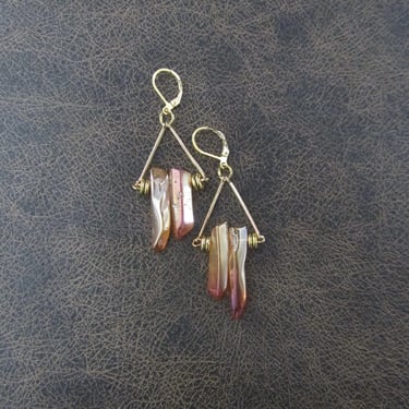 Raw quartz crystal earrings, rustic boho chic earrings, unique geode natural bohemian mid century modern brutalist artisan, gold 