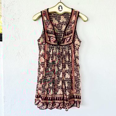 Vintage 70s Indian Adini Style Block Print Boho Hippie Pink Floral Dress 1970s 