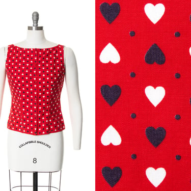 Vintage 1950s 1960s Top | 50s 60s Heart Novelty Print Cotton Red Sleeveless Shirt (small) 