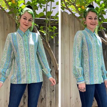 Vintage 1970’s Green and a blue Geometric Floral Blouse 