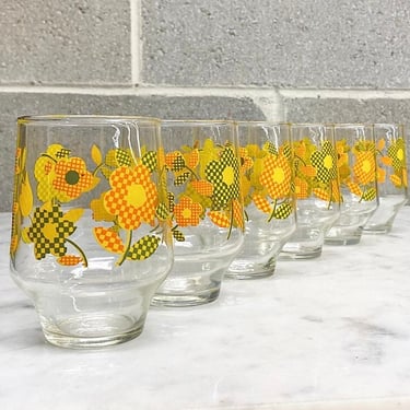 Vintage Hazelware Drinking Glasses Retro 1960s Mid Century Modern + Checker + Flower Print + Clear Glass + Set of 6 + RARE + Water Tumblers 
