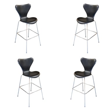 Mid-Century Danish Leather Bar Stools by Arne Jacobsen for Fritz Hansen, Set of Four 