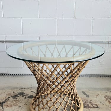 Mid Century Round Glass Top Table With Rattan Base