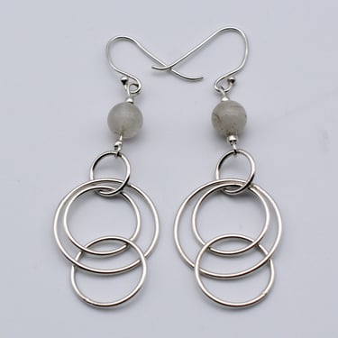 70's cloudy grey quartz 925 silver mod go go dangles, funky beads & sterling rings boho earrings 