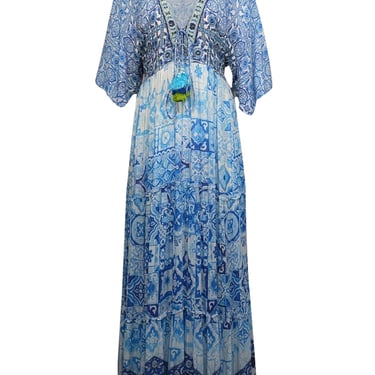 Hemant & Nandita - Blue & White Paisley Print Shirred Maxi Dress Sz M