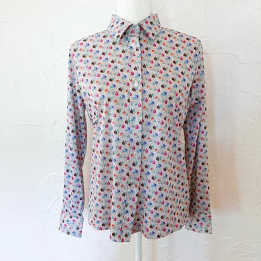 70s White and Multicolored Ditsy Floral Print Shirt | Medium/Large 