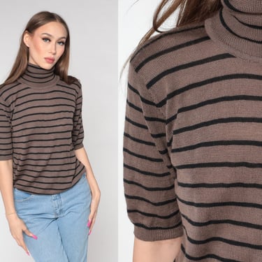 Turtleneck Sweater Top Brown Wool Blend Short Sleeve Sweater 90s Funnel Neck Knit Striped Knitwear Shirt Pullover Turtle Neck Vintage Medium 