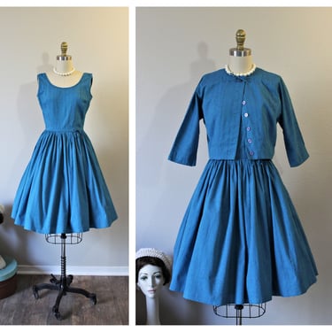 Vintage 1950s 50s Jonathan Logan Blue green Nubby Cotton fleck Matching Crop Jacket Dress  // Modern Size Small 4 6 // Pinup Girl 