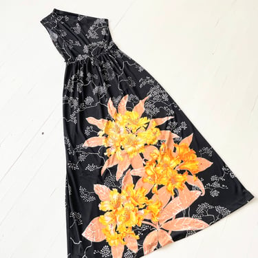 1970s Mac Tac Black One Shoulder Botanical Print Dress 