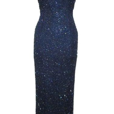 Column Gown, Vintage Scala, XS Women, Navy Blue, Bead Sequin Silk Dress, Latticework Top 