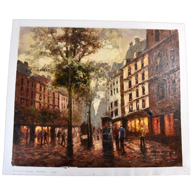 Impressionist Oil Painting Parisian Street Scene with Phonebooth and Passersby 