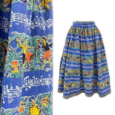 Vtg 50s Novelty Print Latin Dancer Musical Note Pinup Rockabilly Full skirt 