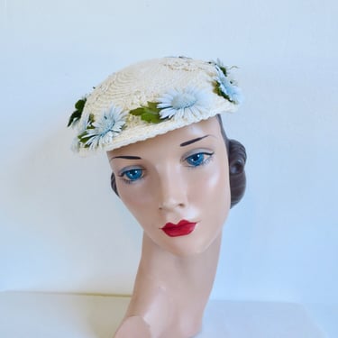 Vintage 1950's Ivory Cream Straw Fascinator Hat with Light Blue Daisies Rhinestone Trim Rockabilly Swing Spring Summer 50's Millinery 