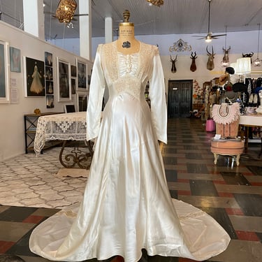 1930s wedding gown, old hollywood, ivory liquid satin, hug train, vintage wedding dress, antique bride, chevron lace, 26 waist, film noir 