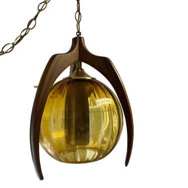 Mid Century Modern Bruce Industries Walnut & Amber Glass Pendant Light