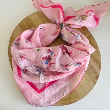 Vintage Silky Semi Sheer Pink Floral Printed Oversized Square Bandana Scarf Tie 