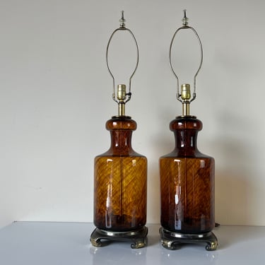 Hollywood Regency Tortoise - Blown Art Glass Table Lamps - a Pair 