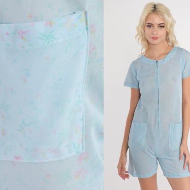 70s Floral Romper Semi-Sheer Blue Playsuit Zip Up Flower Print Jumpsuit One Piece Shorts Retro Festival Summer Vintage 1970s Extra Small xs 