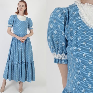 Old Fashion Country Western Maxi Dress, Swiss Polka Dot Cotton Print Material, Antique Style Neckline, Full Tiered Long Skirt 