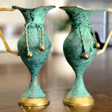VINTAGE: 2pcs - Brass Patina Enameled Vases - Green Patina - SKU 