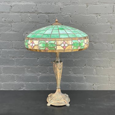 Antique Bronze Table Lamp & Original Tiffany Glass Style Shade, c.1930’s 
