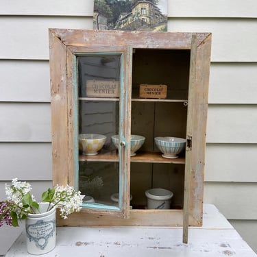 Beautiful vintage French primitive glass door cabinet with a hint of blue 