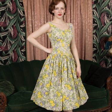 1950s Dress - Painterly Vintage 50s Cotton Floral Sundress with Dropped Basque Waist in White, Periwinkle, Olive and Sunny Yellow 