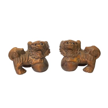 Chinese Pair Wood Carved Mini Foo Dog Lion FengShui Figures ws2386E 