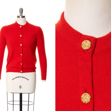 Vintage 1970s Cardigan | 50s Cashmere Red Knit Scottish Long Sleeve Button Up Sweater Top (small/medium) 