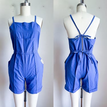 Vintage 1970s Blue Open Back Romper / S-M 