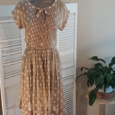 Paul Sachs 50/60s Original Semi Sheer Tan/White Polka Dot  Shirtwaist Day Dress M/ 