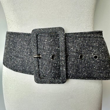 1980’s Extra wide dress belt~ Medium Gray wooly material with flecks ~ 80’s women’s fashion trend retro new wave/Size M-LG 