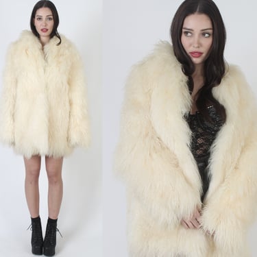 Real Tibetan Lamb Fur Coat / Ivory Mongolian Curly Jacket / Vintage 80s Cream Shaggy Runway Overcoat 