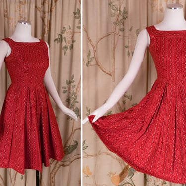 1950s Dress - Charming Fit N Flare Cotton 50s Day Dress in Red Traditional Bandana Style Print by Lanz 