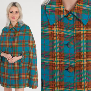 Plaid Cape Coat 70s Cape Mod Jacket Blue Yellow Brown Tartan Checkered Print Retro Preppy Seventies Button Up Vintage 1970s Extra Small xs 
