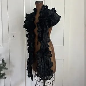 Antique Victorian Black Silk Ruched, Pleated & Ruffled Stole Shawl Coat Vintage