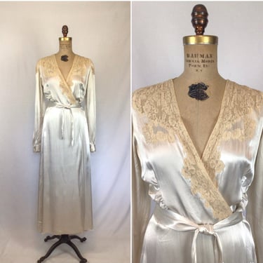 Vintage 40s robe | Vintage platinum satin crepe dressing gown | 1940s wrap front house coat 