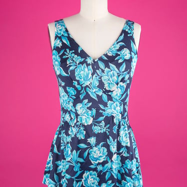 Vintage 80s Maxine of Hollywood Blue Rose Print Open Back One-Piece Swimsuit with Skirt 
