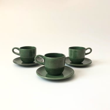 Set of 3 Vintage Heath Ceramics Speckled Green Teacups and Saucers 