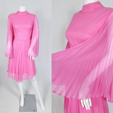 1960's Bubble Gum Pink Pleated Chiffon Mini Dress I Angel Wing Sleeves I Sz Med 