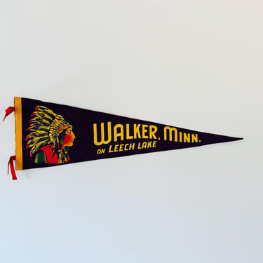 Vintage Walker Minnesota On Leech Lake Native American Chief Souvenir Pennant 